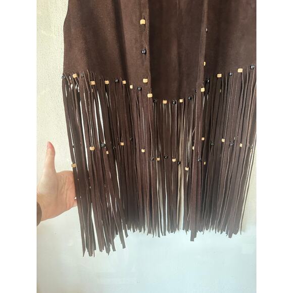 Vintage Leather Beaded Fringe Brown Vest - Picture 3 of 6